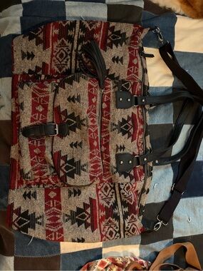 Aztec-Pattern Travel Tote in Red, Gray and Black